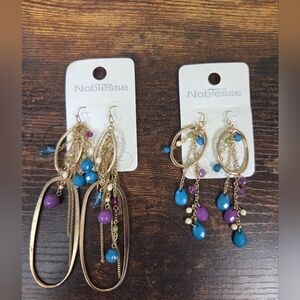 Noblesse Goldtone Blue, Purple, And Green Beaded Earrings 2 Pairs